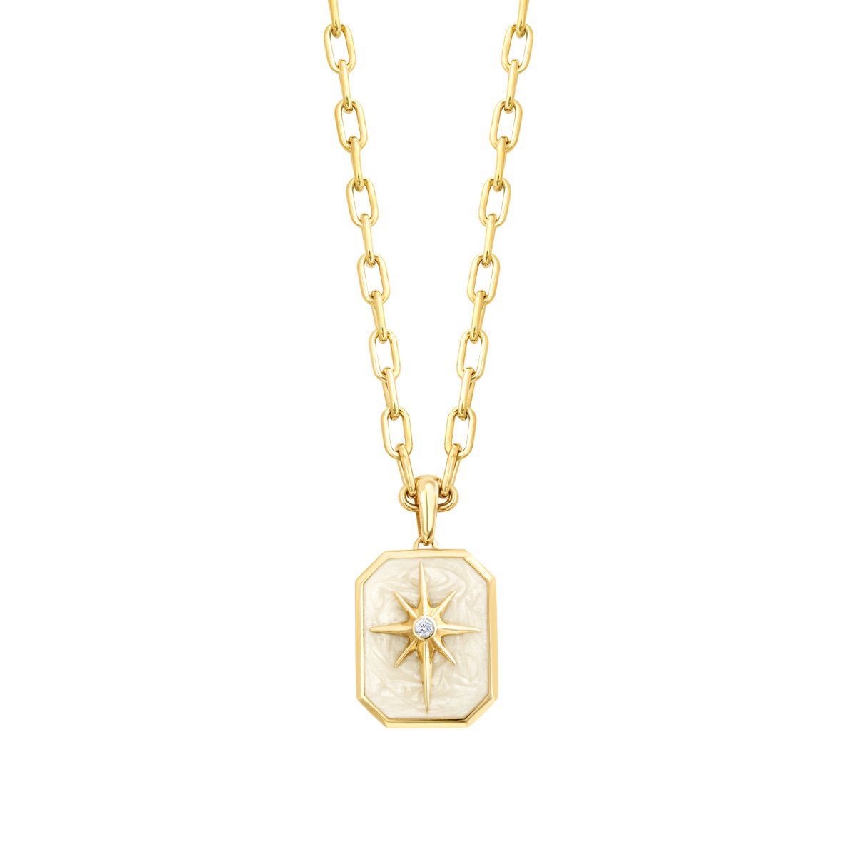 Gold Stone White Enamel North Star Plate Necklace