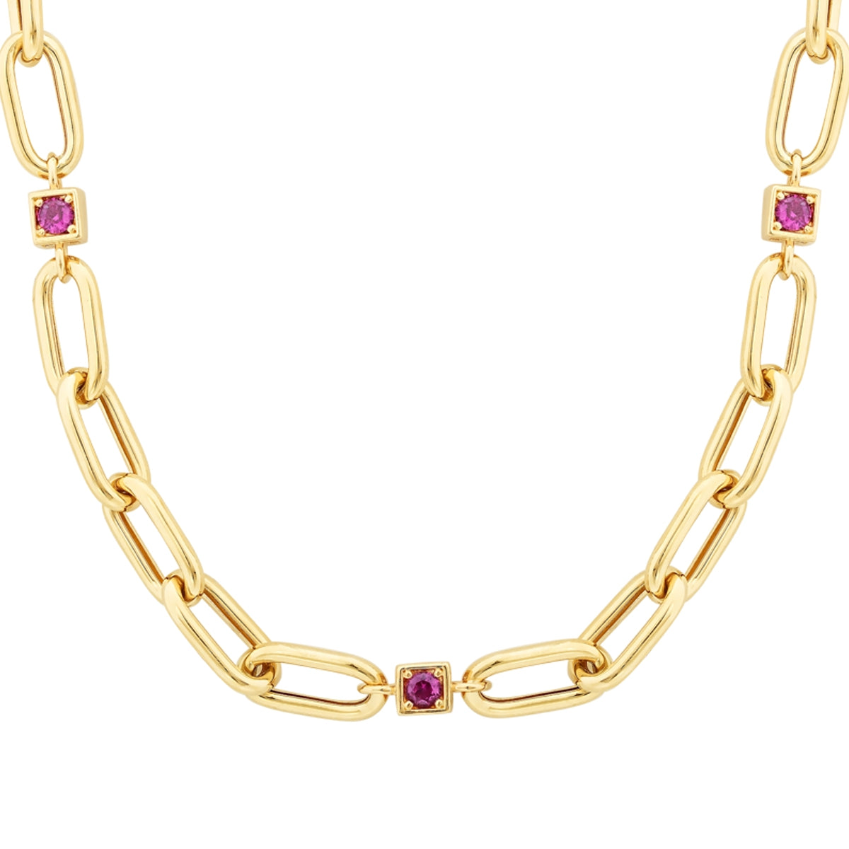 Gold Fuschia Stone Detailed Chain Necklace