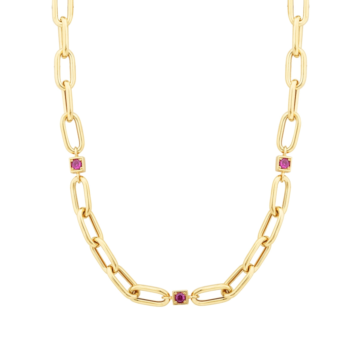 Gold Fuschia Stone Detailed Chain Necklace
