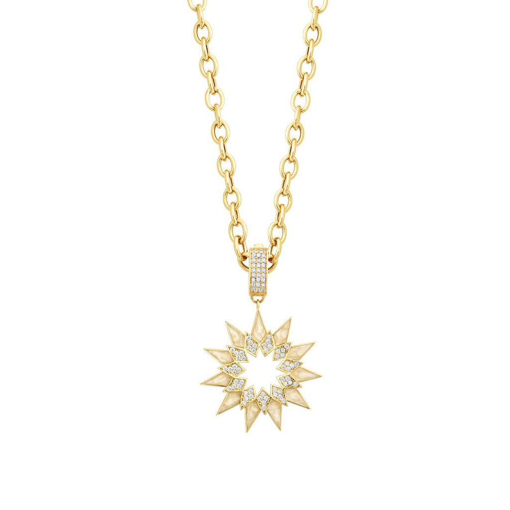 Gold Stone White Enamel Sun Necklace