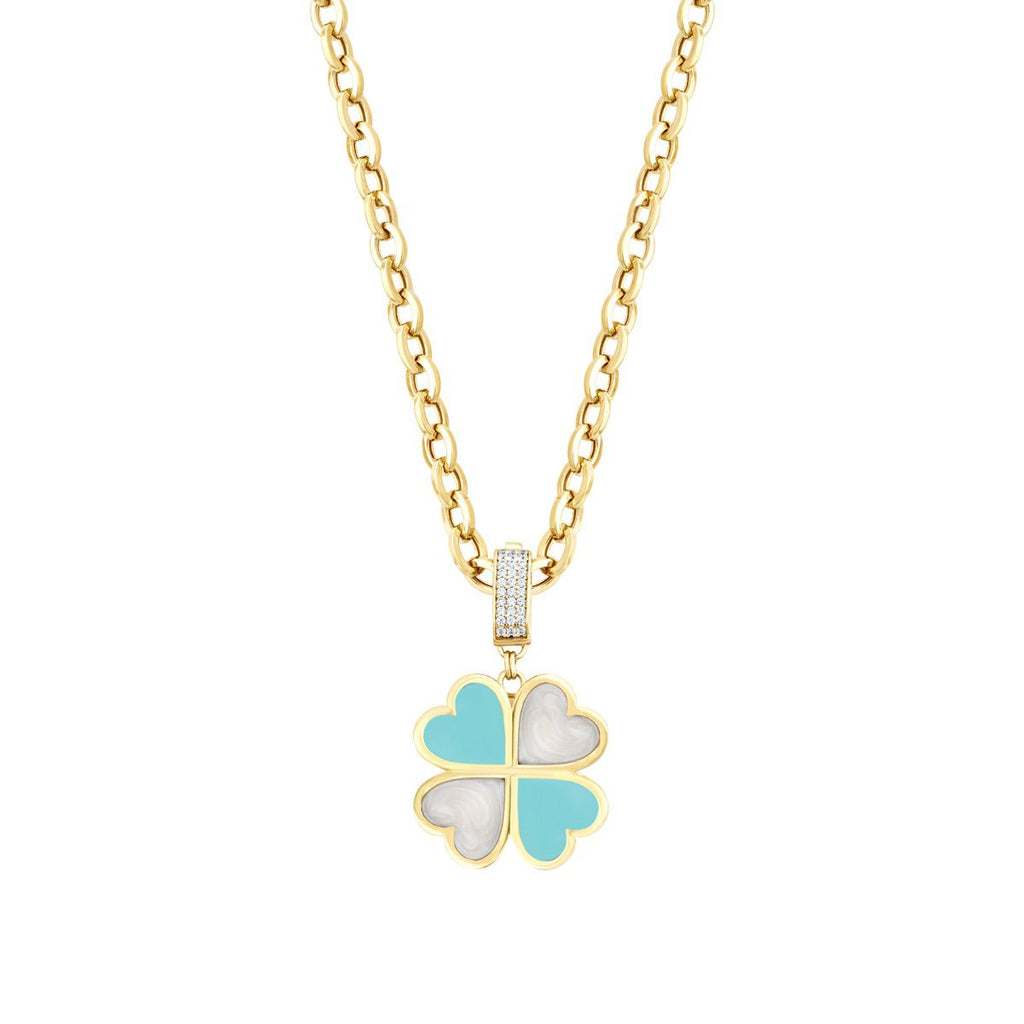 Gold Clover White and Blue Enamel Necklace