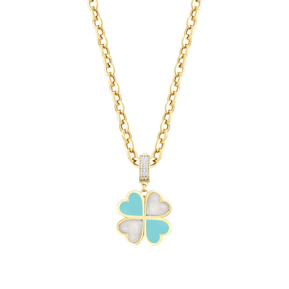 Gold Clover White and Blue Enamel Necklace