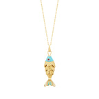 Gold Blue Enamel Fish Trend Necklace