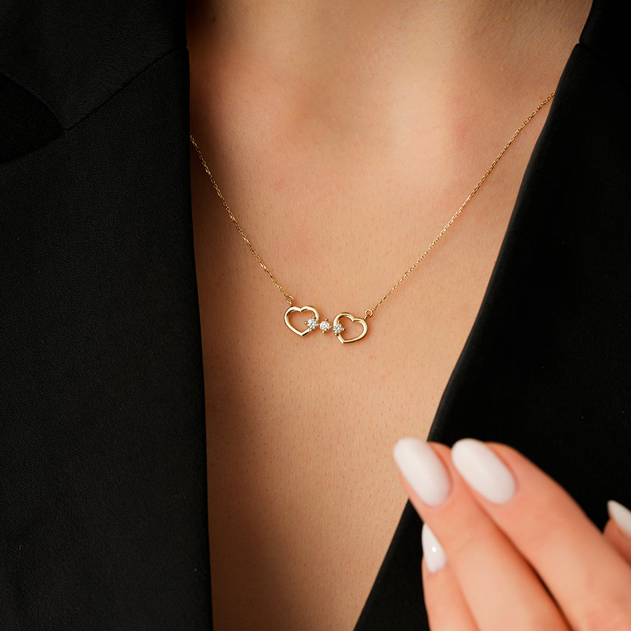 Gold Stone Two Hearts Necklace
