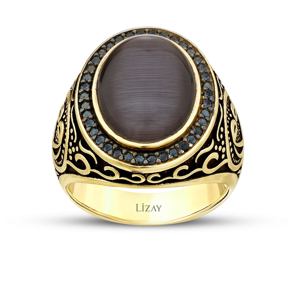 Gold Gray Cat's Eye with Ottoman Seal Men's Ring