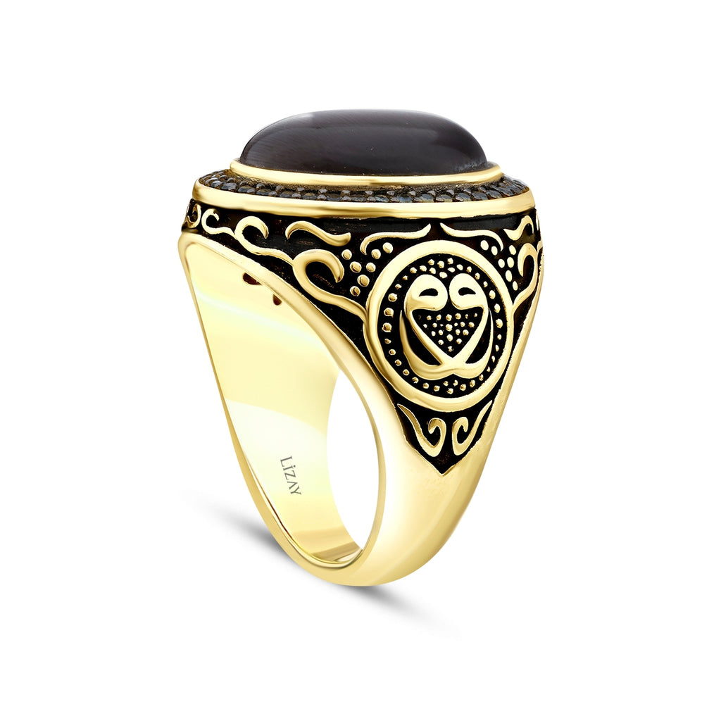 Gold Gray Cat's Eye with Ottoman Seal Men's Ring