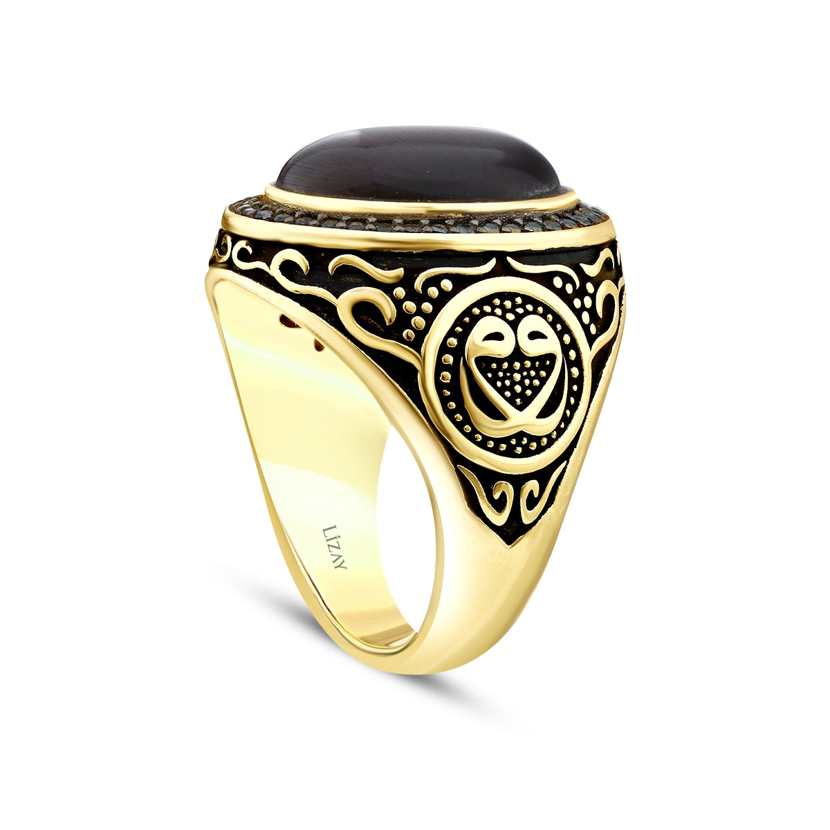 Gold Gray Cat's Eye with Ottoman Seal Men's Ring