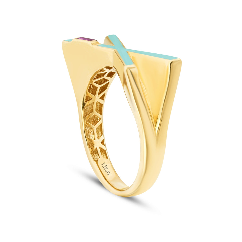 Gold Stone Geometric Blue Ring
