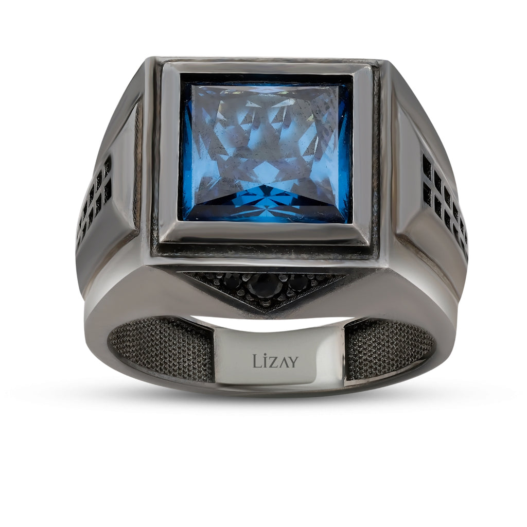 Gold Blue Onyx Black Men's Ring