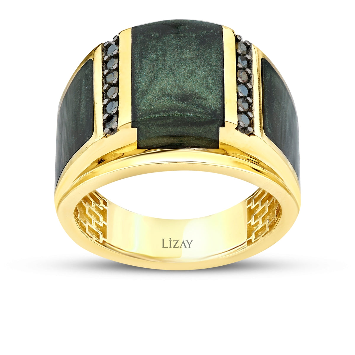 Gold Green Mother-of-Pearl Enamel Men’s Ring