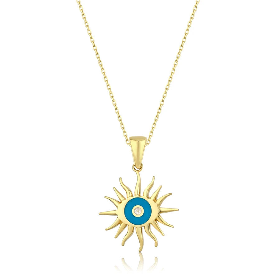 Gold Enamel Sun and Eye Necklace